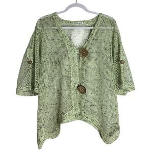 Lulu-B Open Weaved Cardigan Tunic CoverUp Wooden Buttons Green Tones Boho Medium